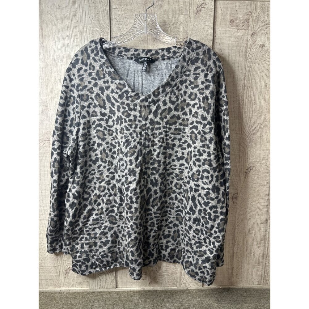 Ellen Tracy Womens XXL Black Gray Leopard Print Soft Lightweight Sweater Top